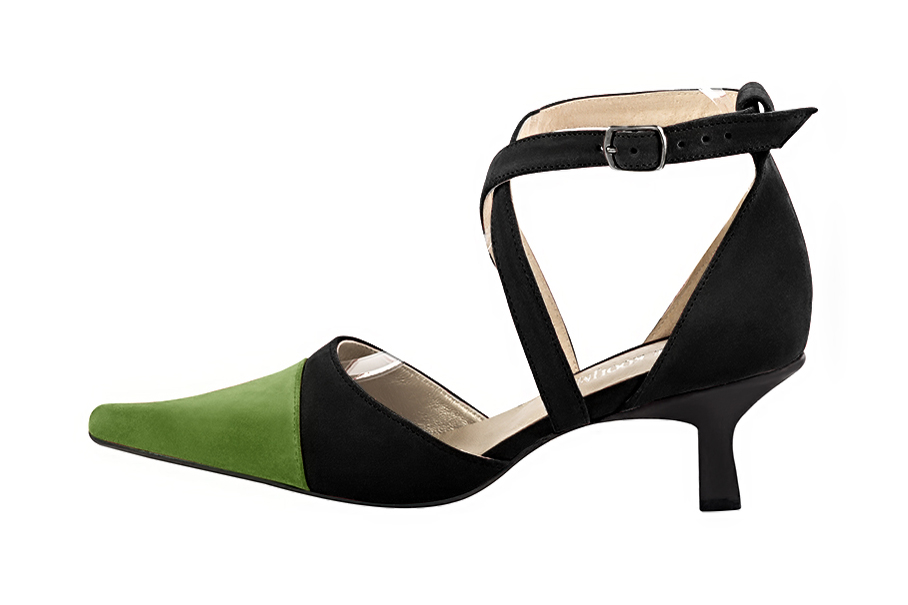 French elegance and refinement for these grass green and matt black dress open side shoes, with crossed straps, 
                available in many subtle leather and colour combinations. Perfect model to feminize and enhance basic outfits.
Its adjustable straps will allow you a good support.
To personalize or not, according to your outfits or your desires.  
                Matching clutches for parties, ceremonies and weddings.   
                You can customize these shoes to perfectly match your tastes or needs, and have a unique model.  
                Choice of leathers, colours, knots and heels. 
                Wide range of materials and shades carefully chosen.  
                Rich collection of flat, low, mid and high heels.  
                Small and large shoe sizes - Florence KOOIJMAN